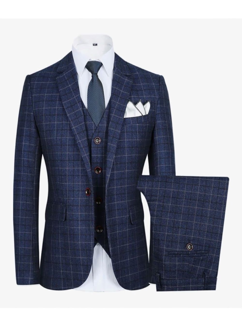 Men’s/Teens Navy Plaid Tweed Three-Piece Tuxedo Suit - Picture 1 of 4